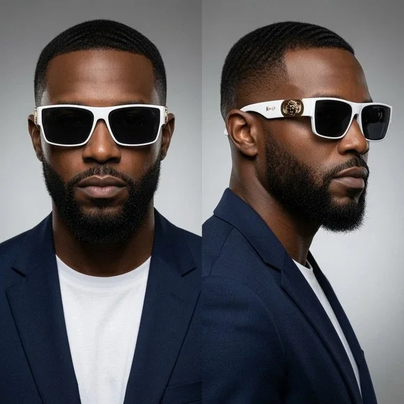 White Square Sunglasses Gold Lion Head Medallion Streetwear Shades Men Classic