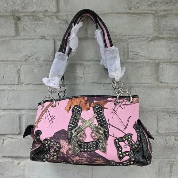 Mossy Oak Pink Camo Rhinestone Horseshoe Crossed Pistols