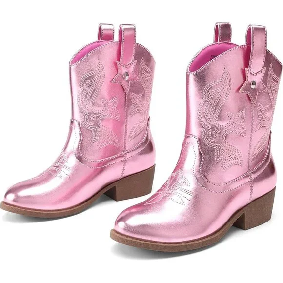 ⚡Girls Pink Cowgirl Boots With Low Heel Western Embroidered Fashion Mid Calf