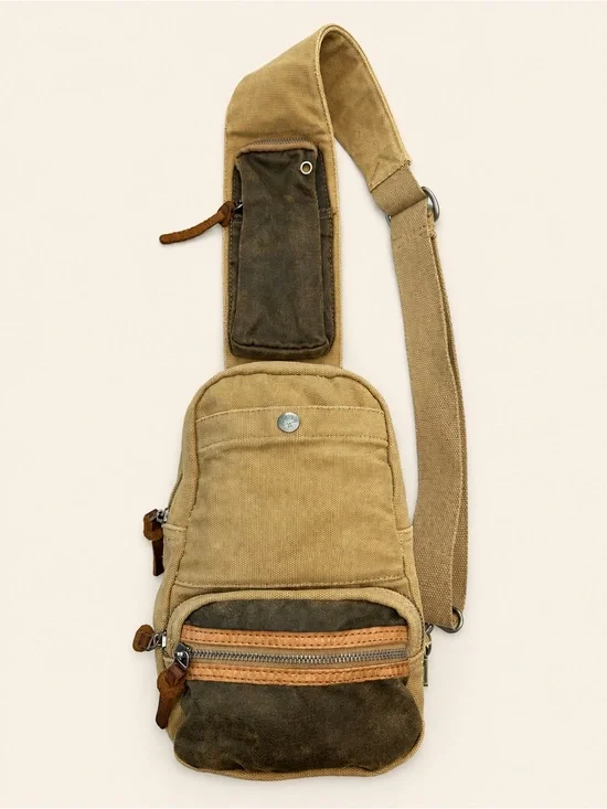 TSD Brand Tapa Canvas Sling Bag Khaki Brown Leather Crossbody