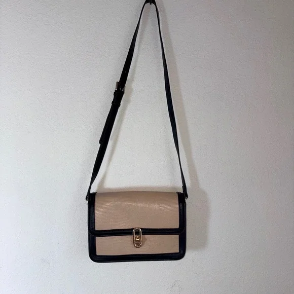 Jules Kae Crossbody Bag Small Beige Black Excellent Lizard Embossed Turn-Lock