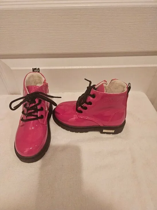 Girls' Shiny Hot Pink Lace-Up Ankle Boots with Cozy Lining