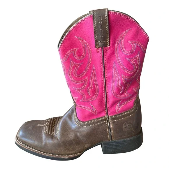 Ariat Girls Brown Pink Western Cowgirl Boots Square Toe Western Size 1.5 Youth
