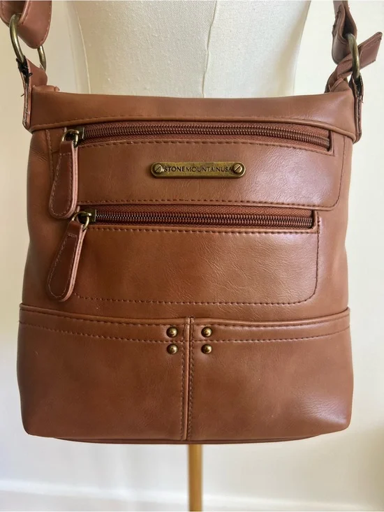 Stone Mountain Brown Crossbody Purse Bonded Leather Multi Pocket Shoulder Bag