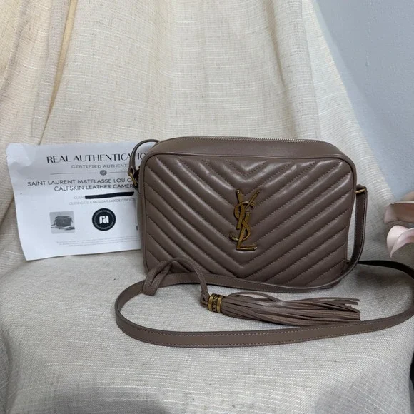 YSL Saint Laurent Lou Camera Bag Matelasse Chevron Calfskin Leather Taupe READ