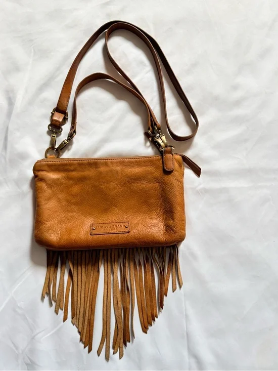 Lucky Brand Cognac Tan Leather Fringe Crossbody Bag Convertible Clutch Festival