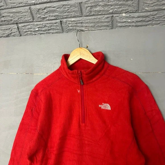 The North Face Mens Medium‎ Red Waffle Knit Quarter Zip Fleece Pullover Jacket