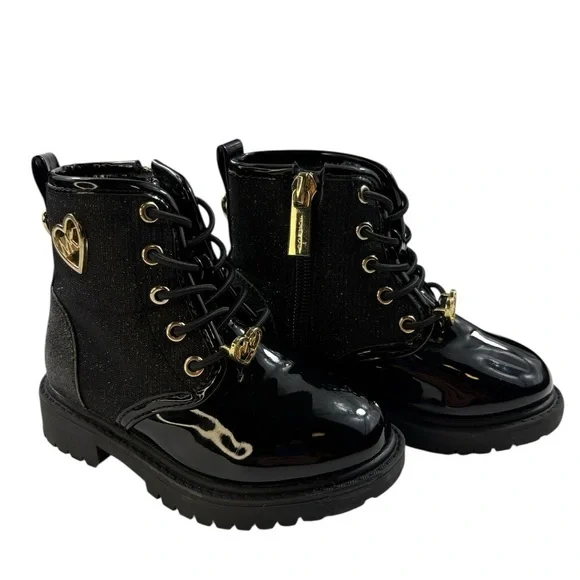 Michael Kors Haskellheart Faux Patent Leather boots with gold-tone heart logo.