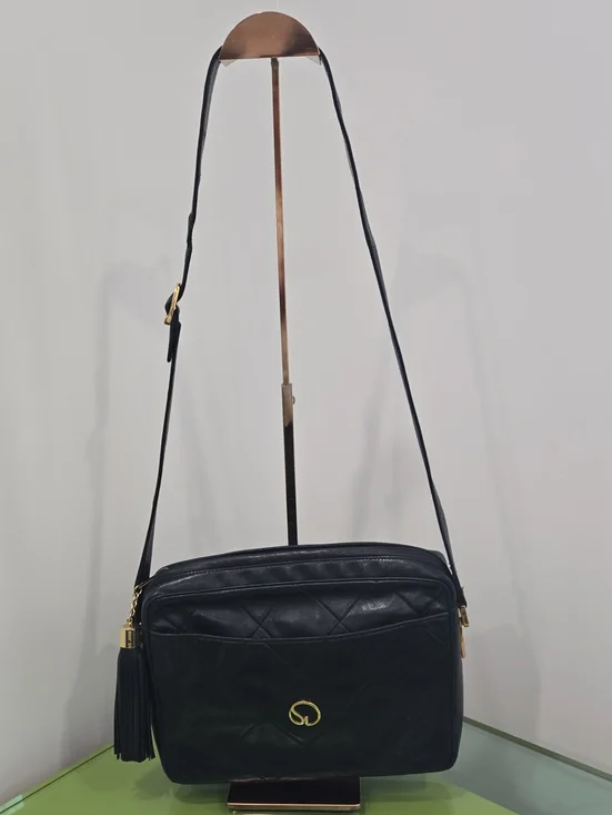 St. John Black Quilted Leather Crossbody Bag with Tassel