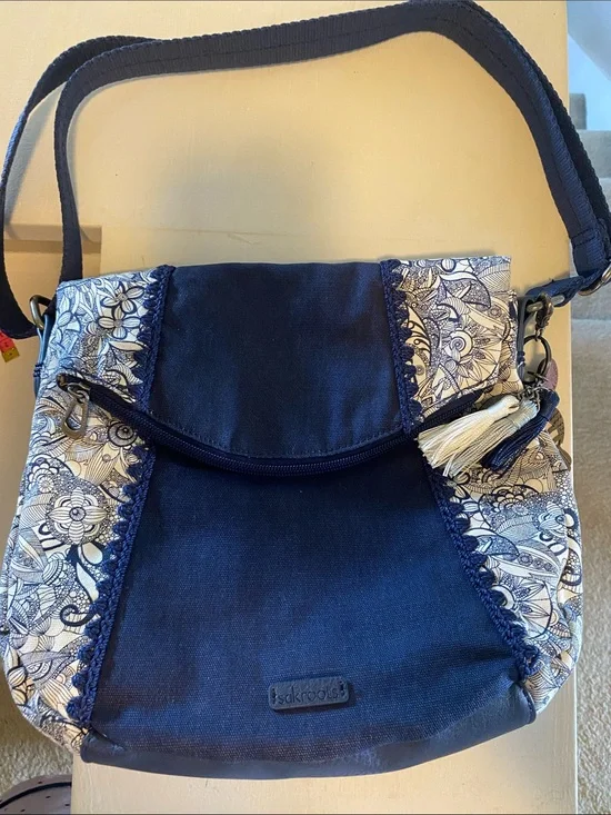Sakroots Navy and White Floral Crossbody with Tassel Accent