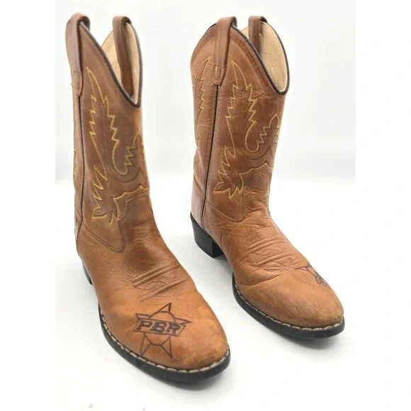 Old West Kids PBR Rodeo Tan Leather Cowboy Boots Toughest Sport on Dirt Size 3