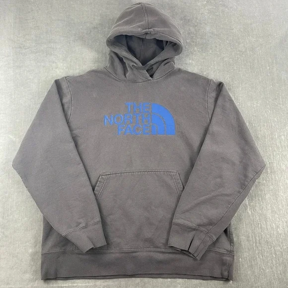 The North Face Men Large Gray Hoodie Blue Logo Graphic Pullover Sweatshirt