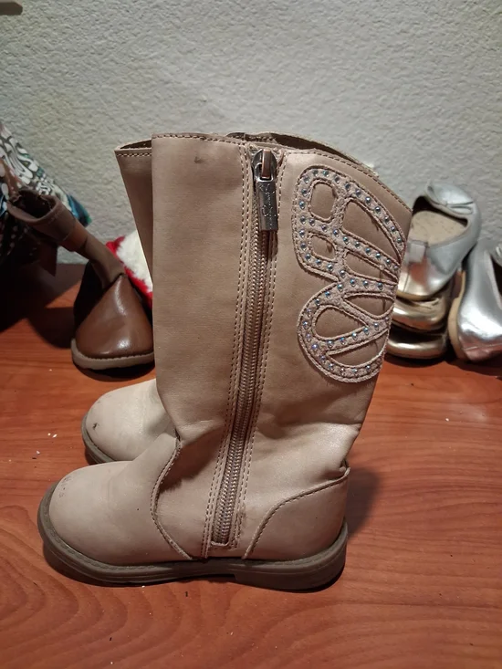 Jessica Simpson Beige Girls' Mid-Calf Zip Boots with Rhinestone Swirl