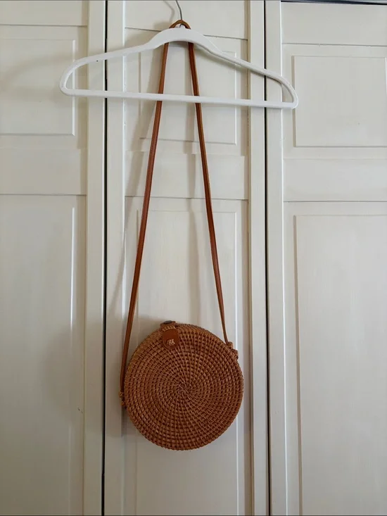 Tan Woven Round Crossbody Bag