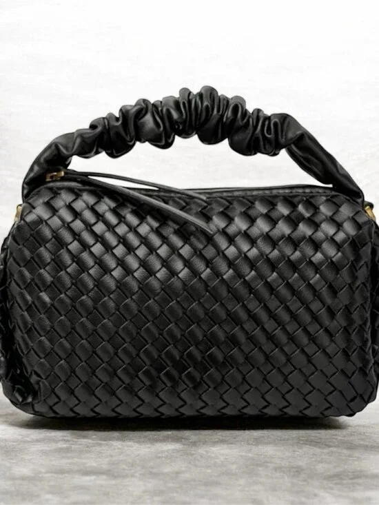 Black Woven Vegan Leather Ruched Handle Crossbody Handbag NWT