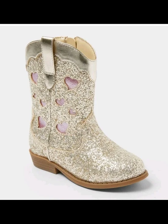Toddler Glitter Heart Cowboy Boots - Gold with Pink Accents