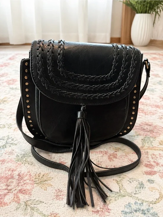 Black Braided Flap Crossbody Bag with Tassel