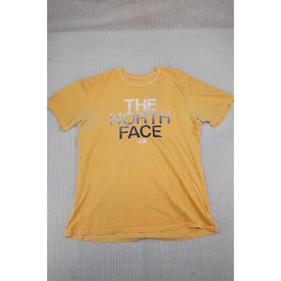 The North Face Shirt Mens Large Yellow Short Sleeve Spellout Logo Out door Fade