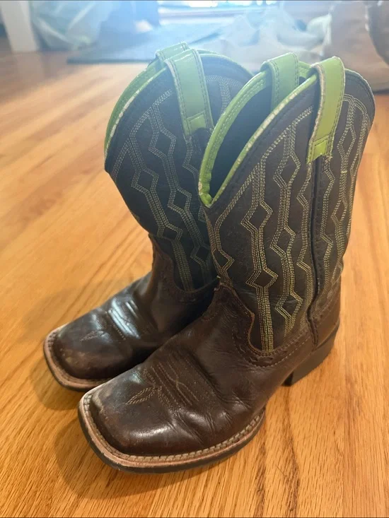 Ariat Brown Kids Western Boots with Lime Green Pull Tabs