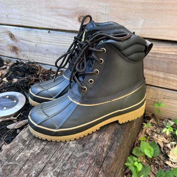 Kids Waterproof Black and Tan Duck Boots - Rugged Lace-Up Winter Boots