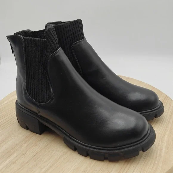 Steve Madden JHATCH‎ Boots Kids Size 3 Black Chelsea Ankle Lug Sole Zip Lined