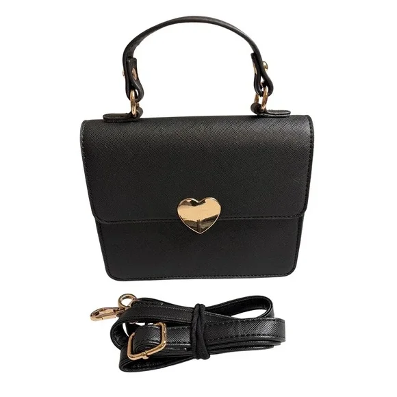Black Heart Closure Crossbody Top Handle Handbag Women Small Textured Gold Tone