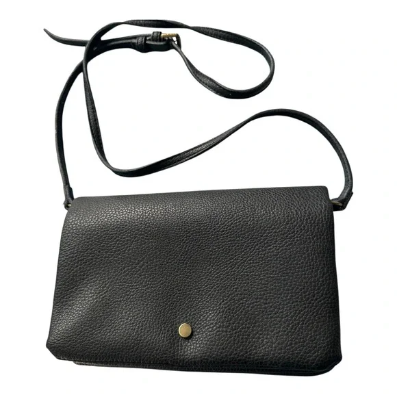 Lucky Brand Black Pebbled Leather Triple Compartment Crossbody Clutch Bag Brass
