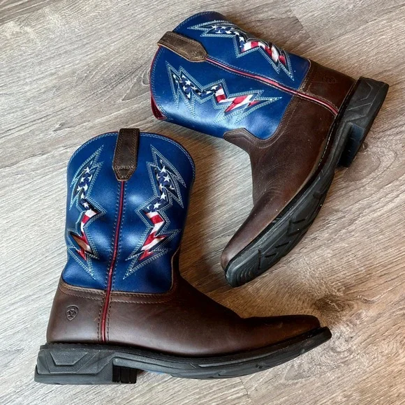 Ariat Brown Blue Patriotic American Flag Lightning Kids 5 Cowboy Boots 10044300