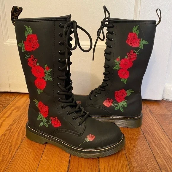Dr Martens Vonda J Tall Lace Up Red Roses Combat Boots Kids Size 2