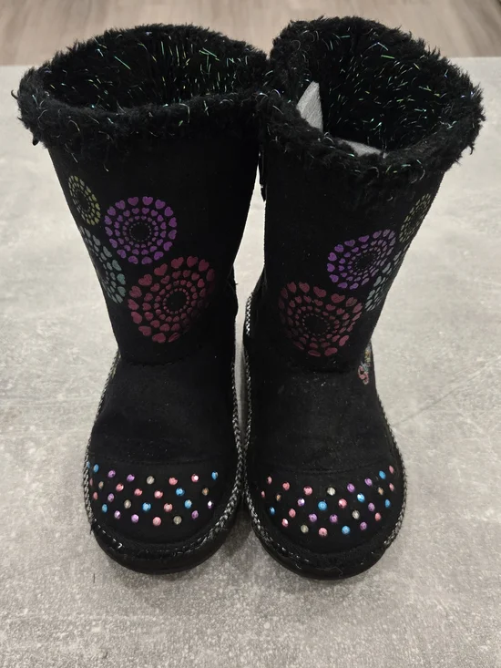 Kids Black Winter Boots with Multicolor Heart & Dot Accents