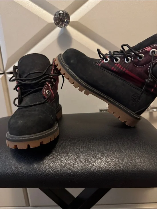Timberland Kids Black Boots with Burgundy Plaid Accents