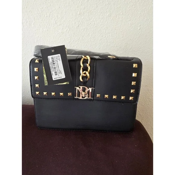 Badgley Mischka Black Vegan Leather Studded Crossbody Bag BM-4182 New