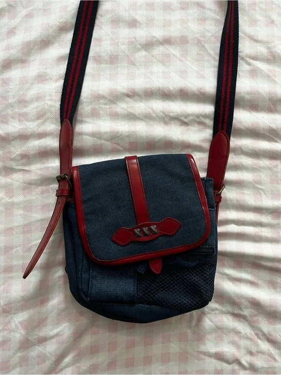 Navy Denim and Red Crossbody Bag