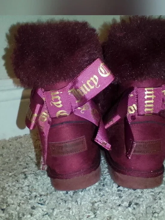 Juicy Couture Burgundy Kids Faux-Suede Fur Cuff Booties with Logo Ribbon