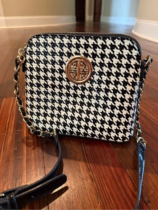 Houndstooth Crossbody Bag with Gold Accent