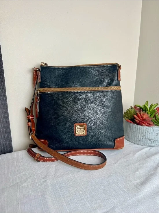 Dooney & Bourke Black Leather Crossbody with Brown Trim and Gold Hardware