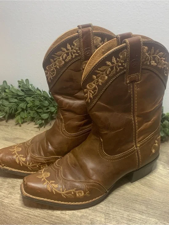 Ariat Girls Brown Leather Embroidered Western Cowboy Boots Size 2C Floral 4LR