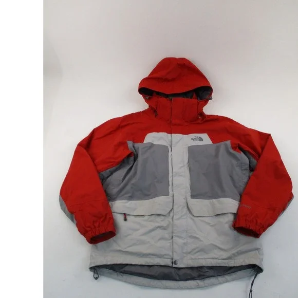 The North Face Jacket Mens L Red Grey HyVent Hooded Waterproof Colorblock Shell