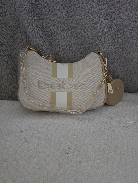 bebe Paisley Canvas Crossbody Bag with Coin Purse in the Almond