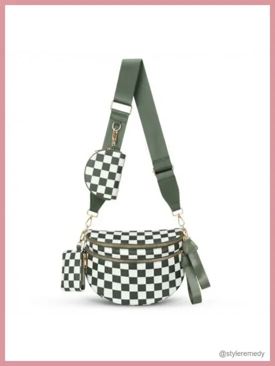 Large Checkered Nylon Crossbody Bag with RFID-Blocking Pouches Adjustable Strap