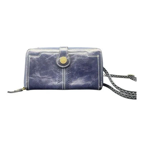 S Zone Blue Vegan Leather Crossbody Wallet Phone Bag Floral Button NEW