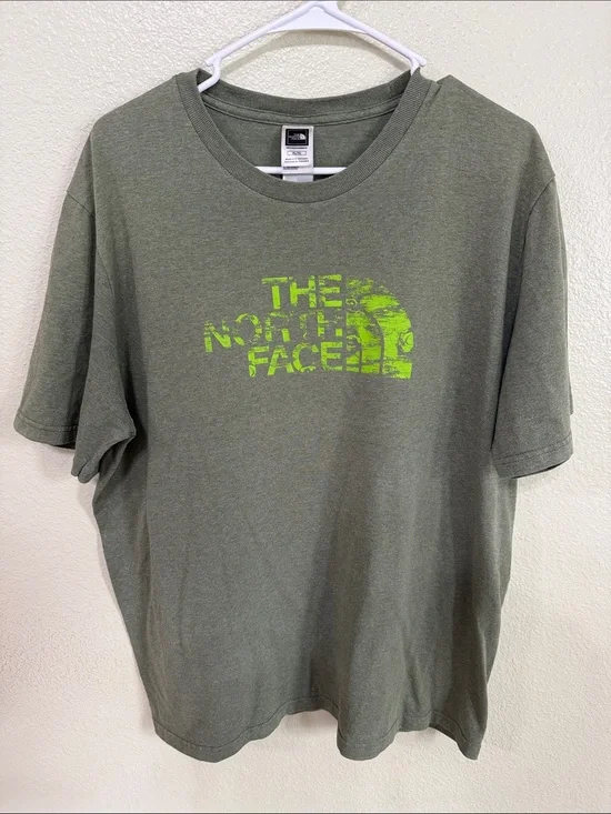 The North Face Olive Green Short Sleeve Tee with Neon Green Logo