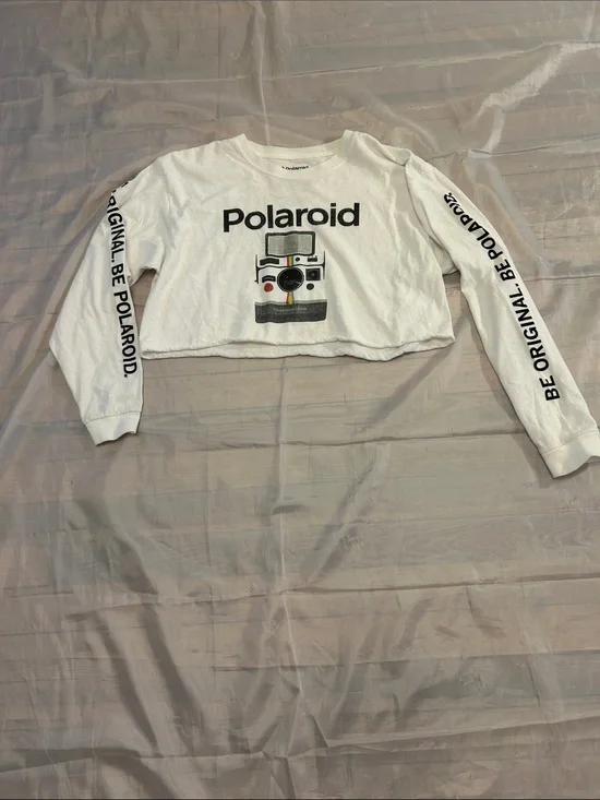 Polaroid White Long-Sleeve Crop Top with Camera Graphic