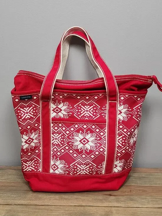 Lands End Medium Size Nordic Snowflake Red Canvas Zip Tote