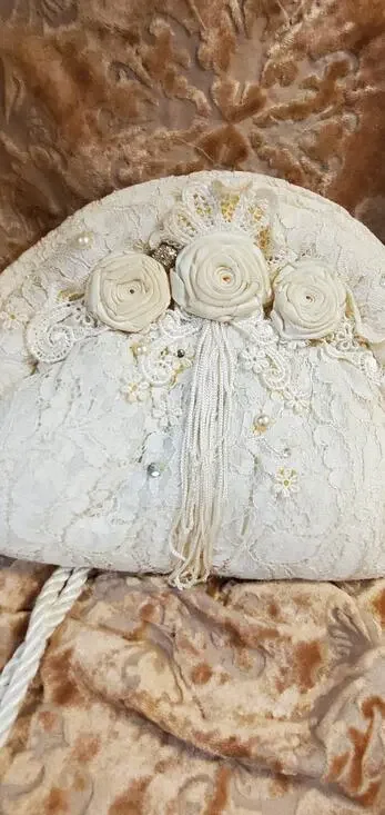 Vintage 80s Marie Palmese Lace Floral Satin Rhinestone Bag Cream Dressy Bridal