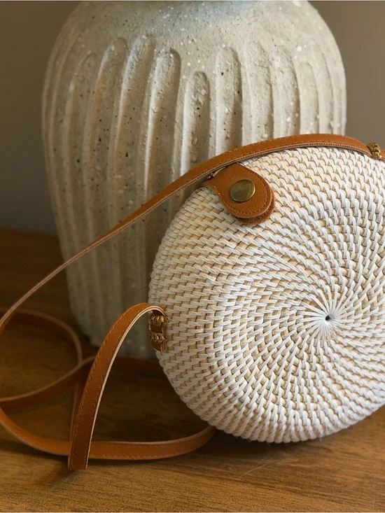 Woven Round Crossbody Bag in Cream and Tan