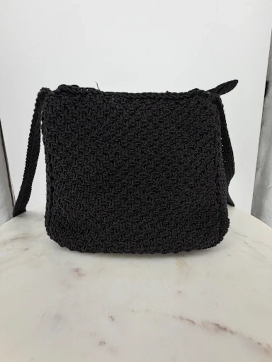 Vintage Liz Claiborne Black Crochet Knit Crossbody Bag Blue Lining