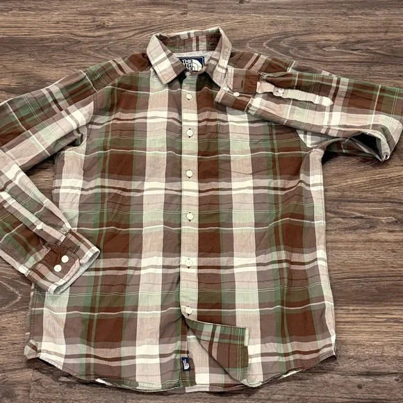 NORTH FACE‎ Men's Brown Green Plaid Long Sleeve Cotton Button Front Shirt Size M