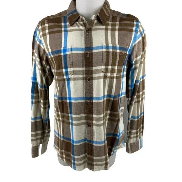 The North Face Men Medium Long Sleeve Shirt Brown Tan Blue Plaid
