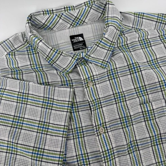 The North Face Men XL Plaid Short Sleeve Button Up Shirt Blue Green Hiking Trail